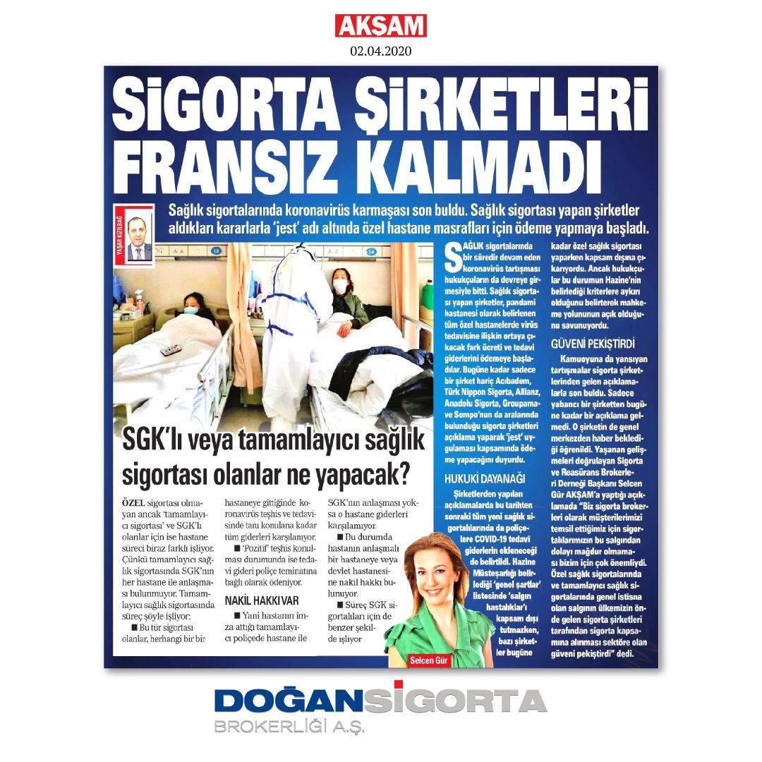 Selcen Gür - Akşam Gazetesi Sigorta Şirketleri Fransız Kalmadı - 02 Nisan 2020 