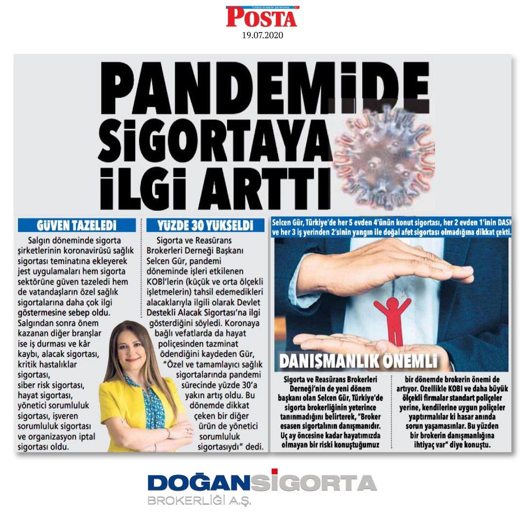 Selcen Gür - Posta Gazetesi Pandemide  Sigortaya İlgi Artı - 19 Temuz 2020