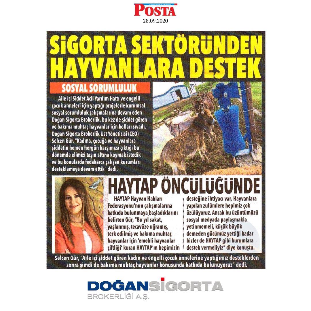 Selcen Gür - Posta Gazetesi  Sigorta Sektöründen Hayvanlara Destek - 28 Eylül 2020  