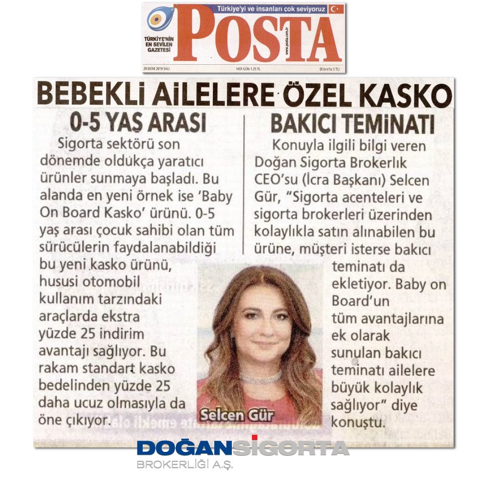 Selcen Gür - Posta Gazetesi Bebekli ailelere özel kasko
									- 30 Ekim 2019 